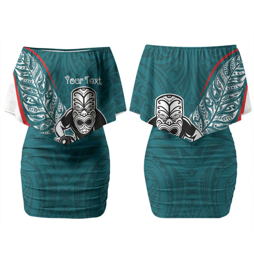 Personalised Aotearoa Lawn Bowls Couples Matching Off Shoulder Short Dress and Hawaiian Shirt Maori Warrior and Silver Fern Sporty Style Teal