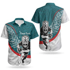 Personalised Aotearoa Lawn Bowls Couples Matching Off Shoulder Short Dress and Hawaiian Shirt Maori Warrior and Silver Fern Sporty Style Teal