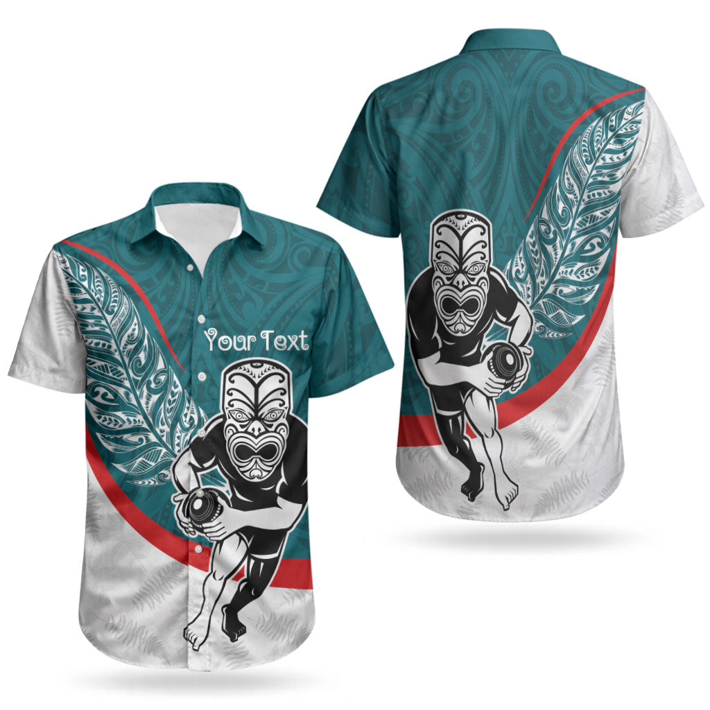 Personalised Aotearoa Lawn Bowls Couples Matching Off Shoulder Short Dress and Hawaiian Shirt Maori Warrior and Silver Fern Sporty Style Teal