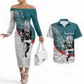 Personalised Aotearoa Lawn Bowls Couples Matching Off The Shoulder Long Sleeve Dress and Hawaiian Shirt Maori Warrior and Silver Fern Sporty Style Teal