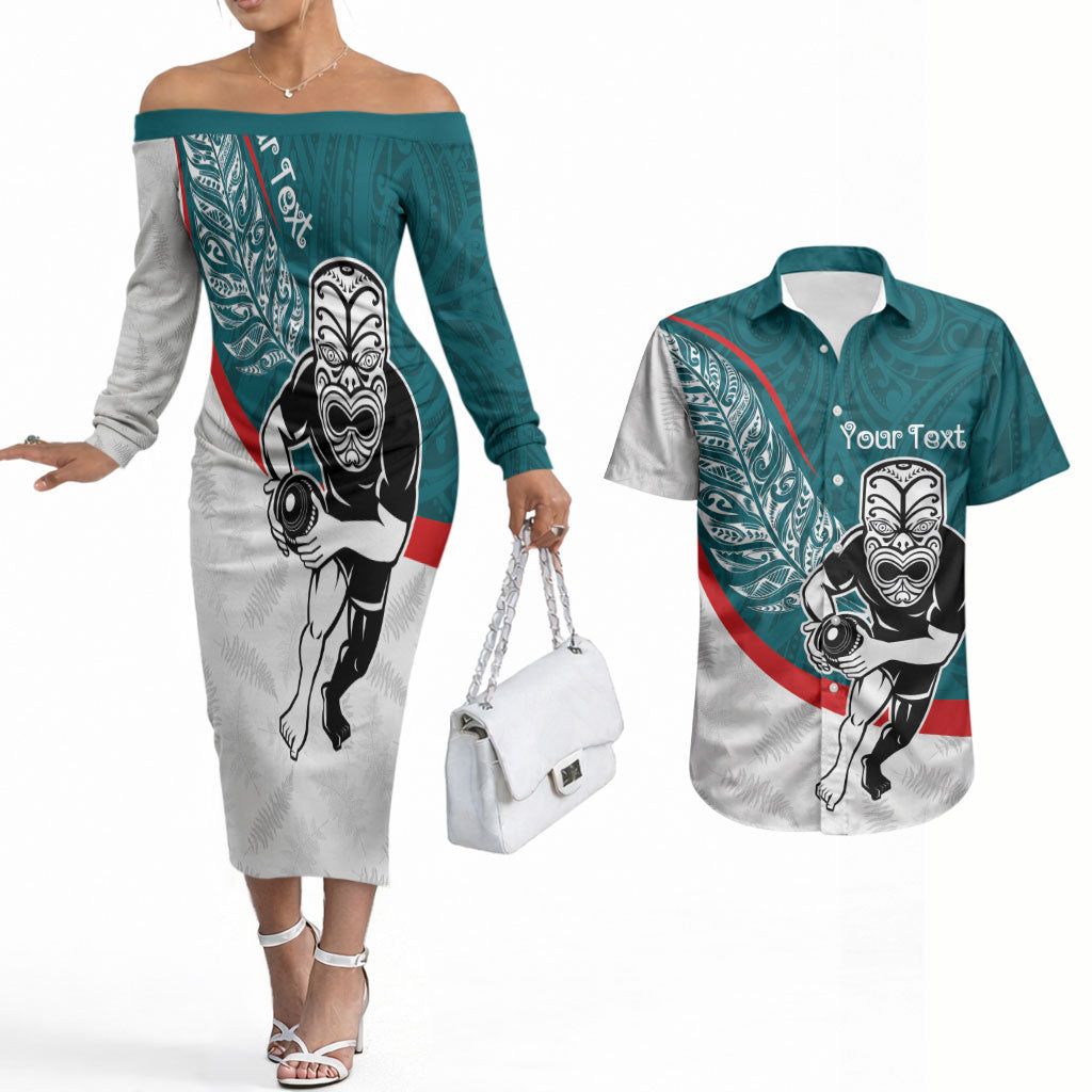 Personalised Aotearoa Lawn Bowls Couples Matching Off The Shoulder Long Sleeve Dress and Hawaiian Shirt Maori Warrior and Silver Fern Sporty Style Teal