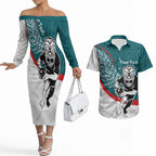 Personalised Aotearoa Lawn Bowls Couples Matching Off The Shoulder Long Sleeve Dress and Hawaiian Shirt Maori Warrior and Silver Fern Sporty Style Teal