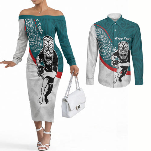 Personalised Aotearoa Lawn Bowls Couples Matching Off The Shoulder Long Sleeve Dress and Long Sleeve Button Shirt Maori Warrior and Silver Fern Sporty Style Teal