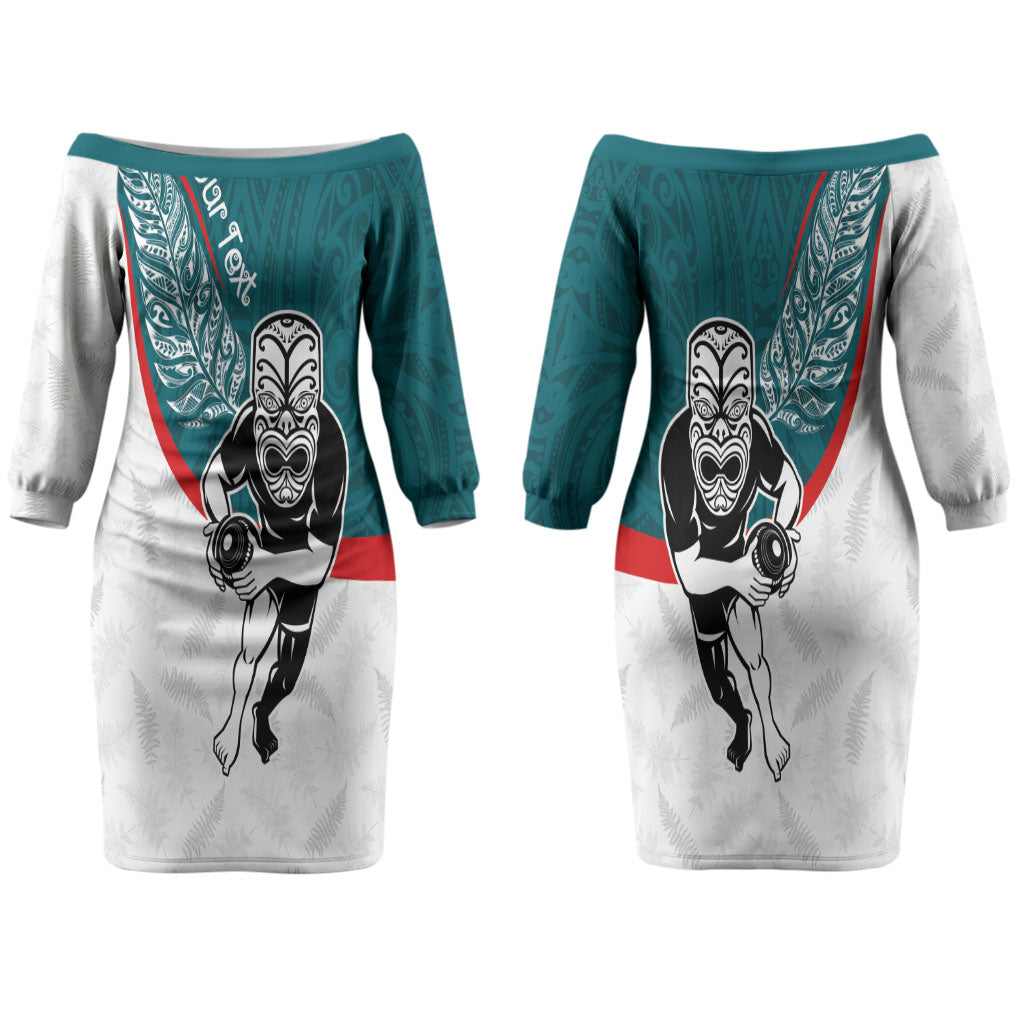 Personalised Aotearoa Lawn Bowls Couples Matching Off The Shoulder Long Sleeve Dress and Long Sleeve Button Shirt Maori Warrior and Silver Fern Sporty Style Teal
