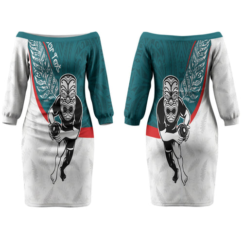 Personalised Aotearoa Lawn Bowls Couples Matching Off The Shoulder Long Sleeve Dress and Long Sleeve Button Shirt Maori Warrior and Silver Fern Sporty Style Teal