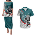 Personalised Aotearoa Lawn Bowls Couples Matching Puletasi and Hawaiian Shirt Maori Warrior and Silver Fern Sporty Style Teal