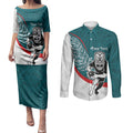Personalised Aotearoa Lawn Bowls Couples Matching Puletasi and Long Sleeve Button Shirt Maori Warrior and Silver Fern Sporty Style Teal