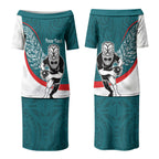 Personalised Aotearoa Lawn Bowls Couples Matching Puletasi and Long Sleeve Button Shirt Maori Warrior and Silver Fern Sporty Style Teal