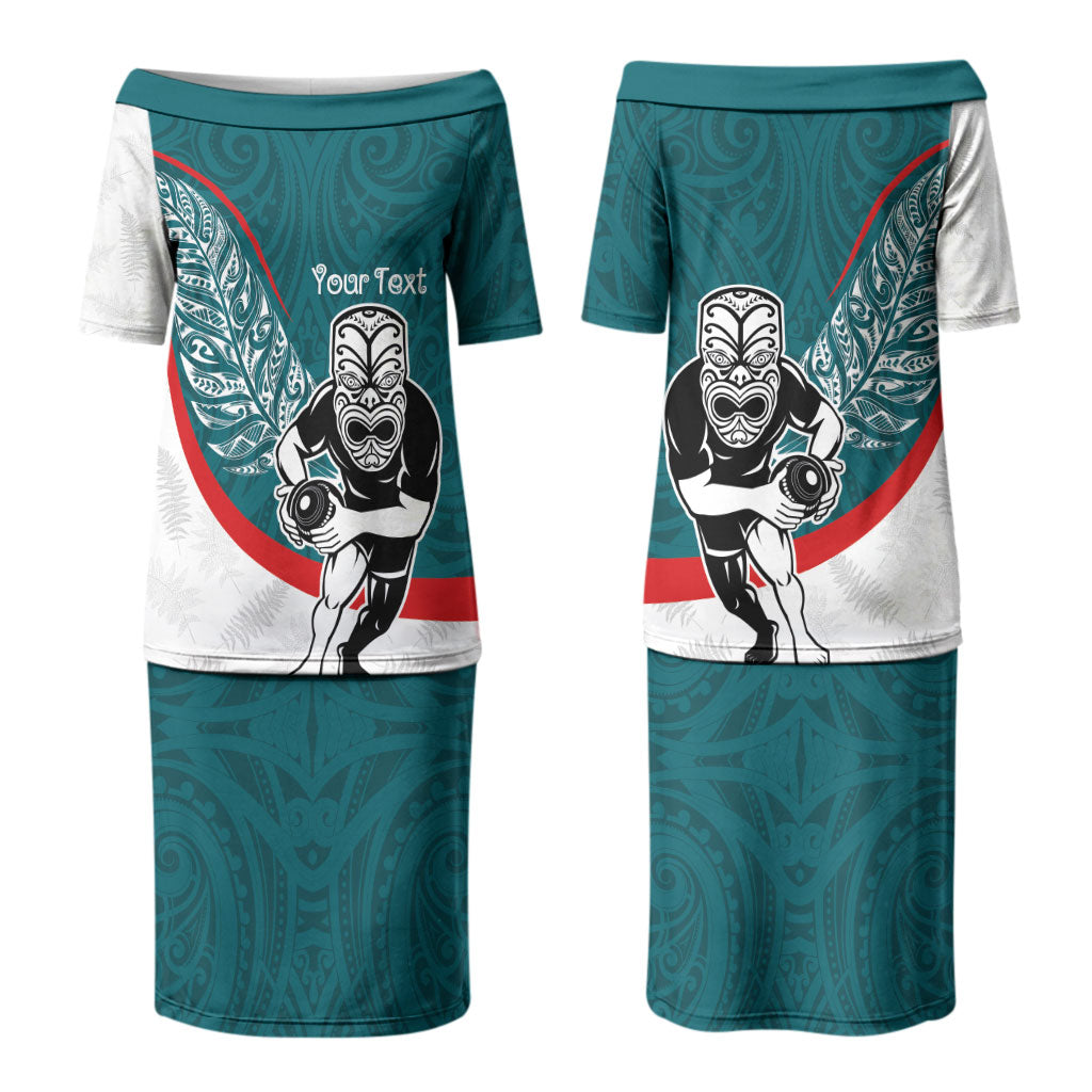 Personalised Aotearoa Lawn Bowls Couples Matching Puletasi and Long Sleeve Button Shirt Maori Warrior and Silver Fern Sporty Style Teal