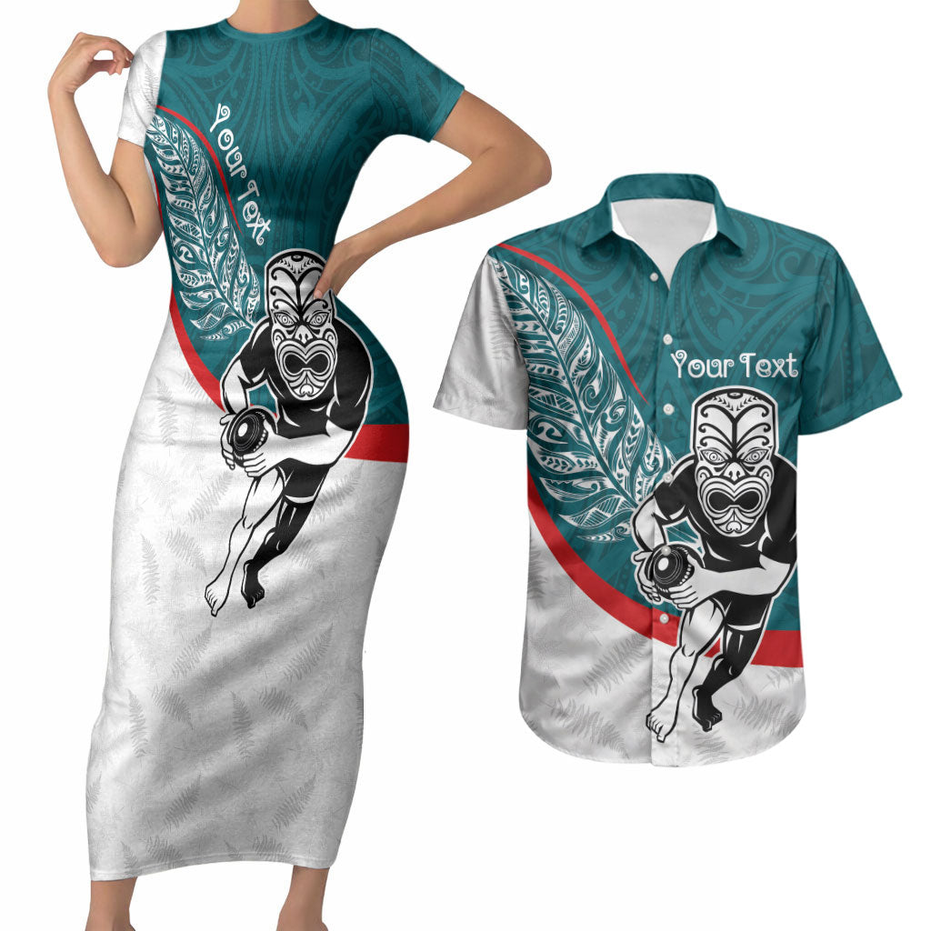 Personalised Aotearoa Lawn Bowls Couples Matching Short Sleeve Bodycon Dress and Hawaiian Shirt Maori Warrior and Silver Fern Sporty Style Teal