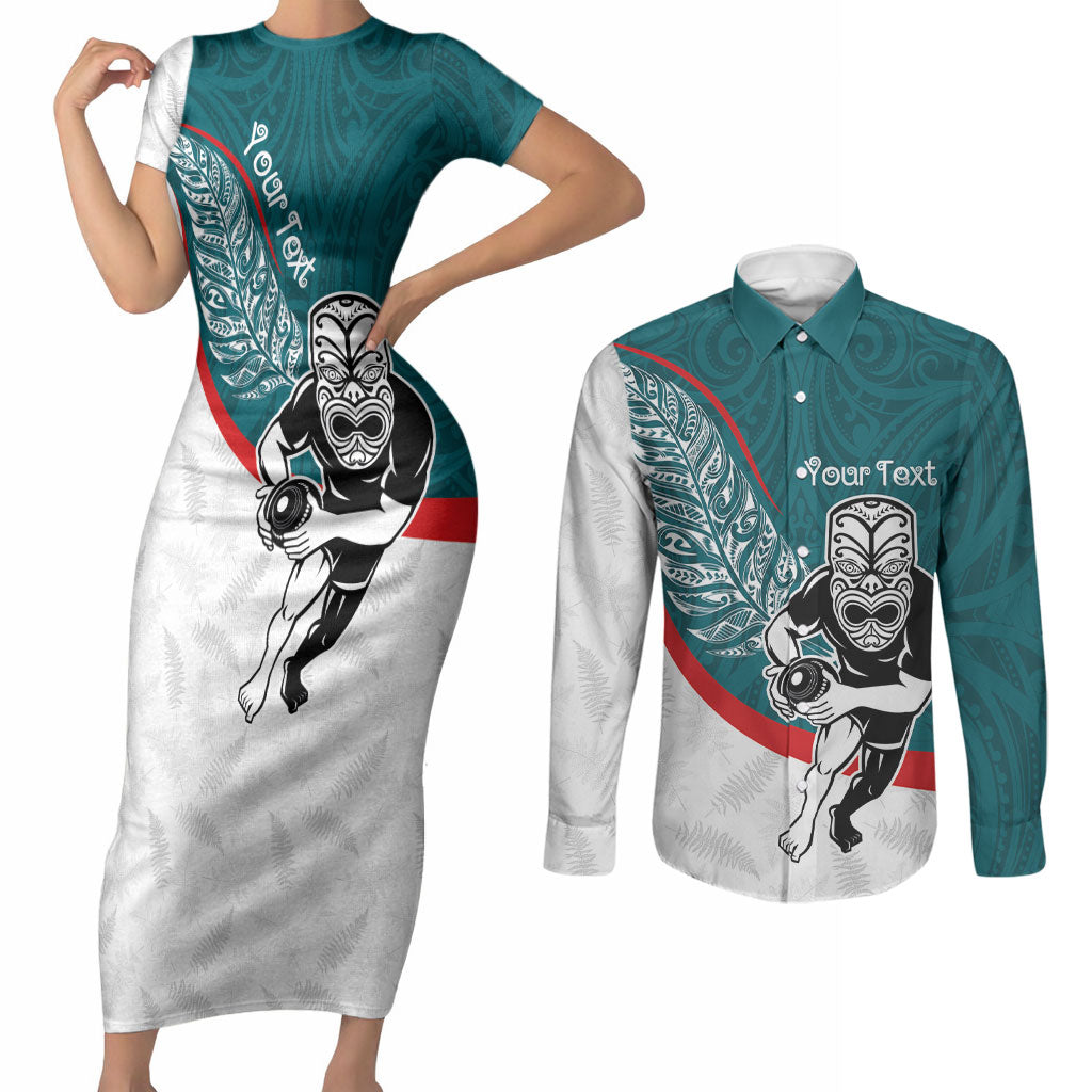 Personalised Aotearoa Lawn Bowls Couples Matching Short Sleeve Bodycon Dress and Long Sleeve Button Shirt Maori Warrior and Silver Fern Sporty Style Teal
