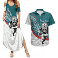 Personalised Aotearoa Lawn Bowls Couples Matching Summer Maxi Dress and Hawaiian Shirt Maori Warrior and Silver Fern Sporty Style Teal