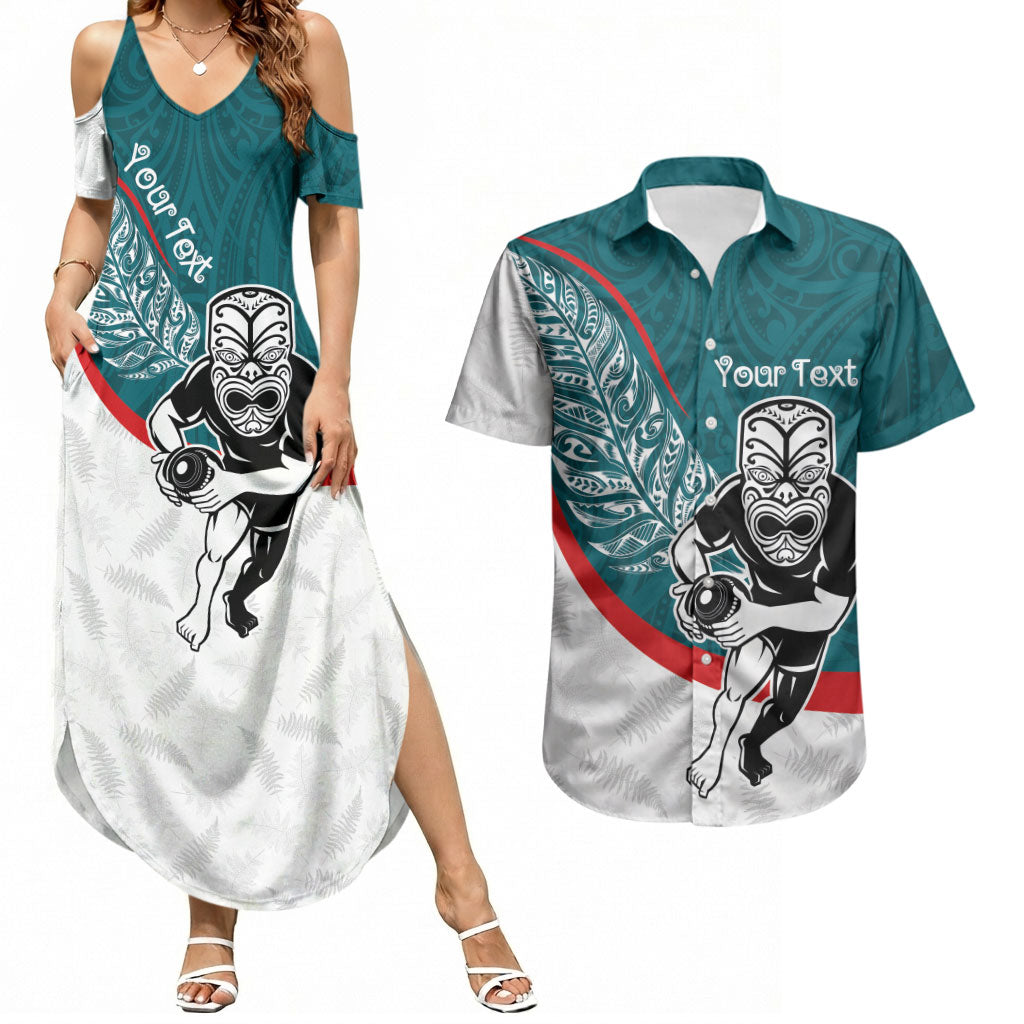Personalised Aotearoa Lawn Bowls Couples Matching Summer Maxi Dress and Hawaiian Shirt Maori Warrior and Silver Fern Sporty Style Teal