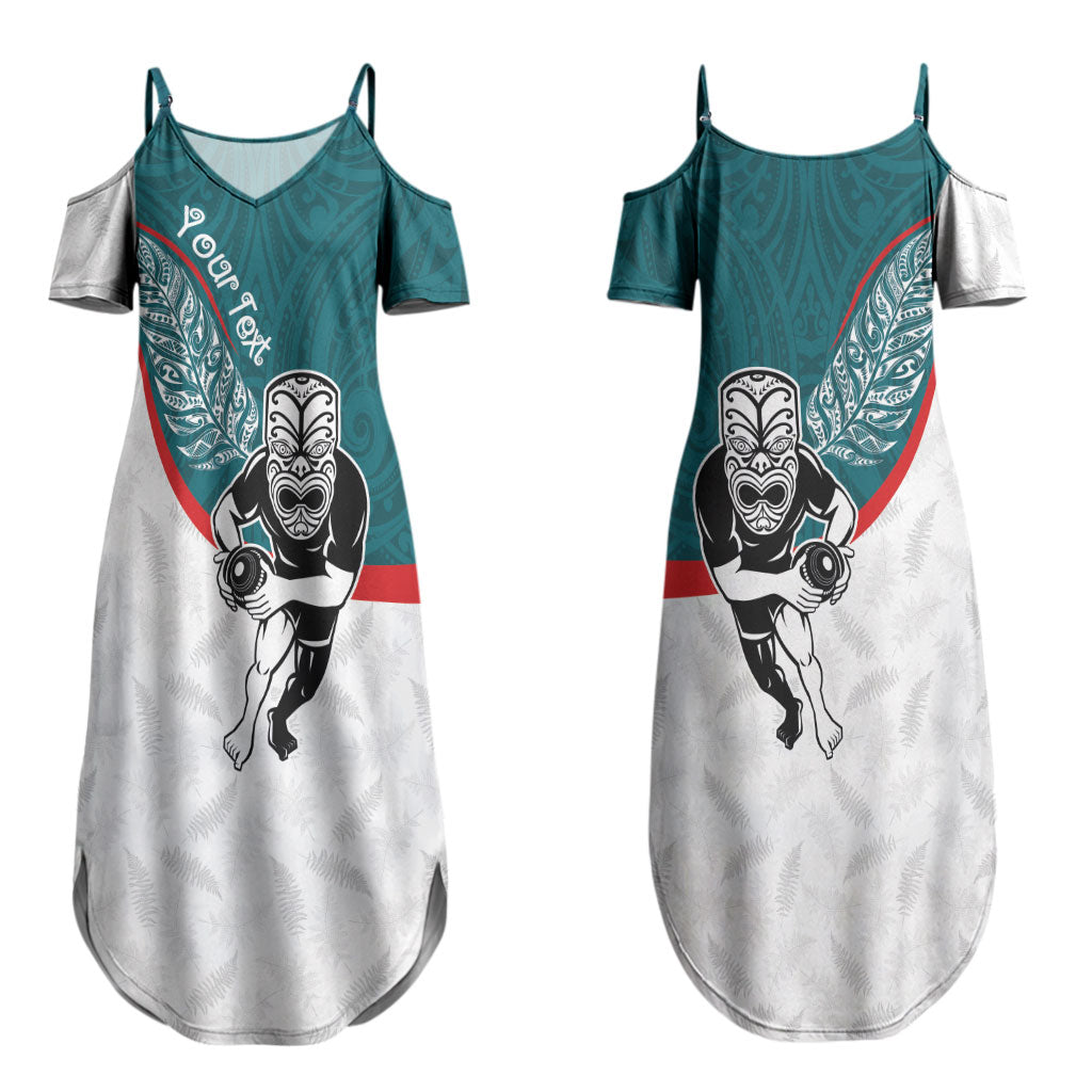 Personalised Aotearoa Lawn Bowls Couples Matching Summer Maxi Dress and Hawaiian Shirt Maori Warrior and Silver Fern Sporty Style Teal