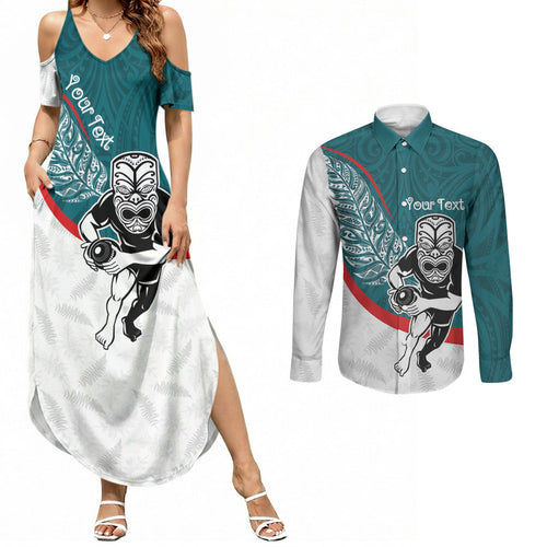 Personalised Aotearoa Lawn Bowls Couples Matching Summer Maxi Dress and Long Sleeve Button Shirt Maori Warrior and Silver Fern Sporty Style Teal
