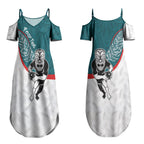 Personalised Aotearoa Lawn Bowls Couples Matching Summer Maxi Dress and Long Sleeve Button Shirt Maori Warrior and Silver Fern Sporty Style Teal