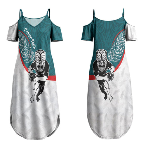 Personalised Aotearoa Lawn Bowls Couples Matching Summer Maxi Dress and Long Sleeve Button Shirt Maori Warrior and Silver Fern Sporty Style Teal