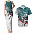 Personalised Aotearoa Lawn Bowls Couples Matching Tank Maxi Dress and Hawaiian Shirt Maori Warrior and Silver Fern Sporty Style Teal
