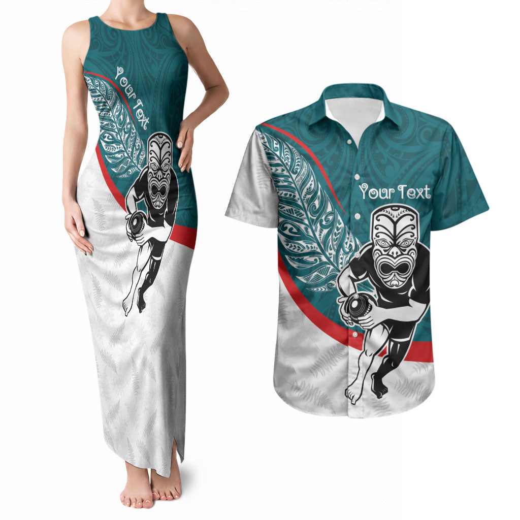 Personalised Aotearoa Lawn Bowls Couples Matching Tank Maxi Dress and Hawaiian Shirt Maori Warrior and Silver Fern Sporty Style Teal