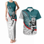 Personalised Aotearoa Lawn Bowls Couples Matching Tank Maxi Dress and Hawaiian Shirt Maori Warrior and Silver Fern Sporty Style Teal