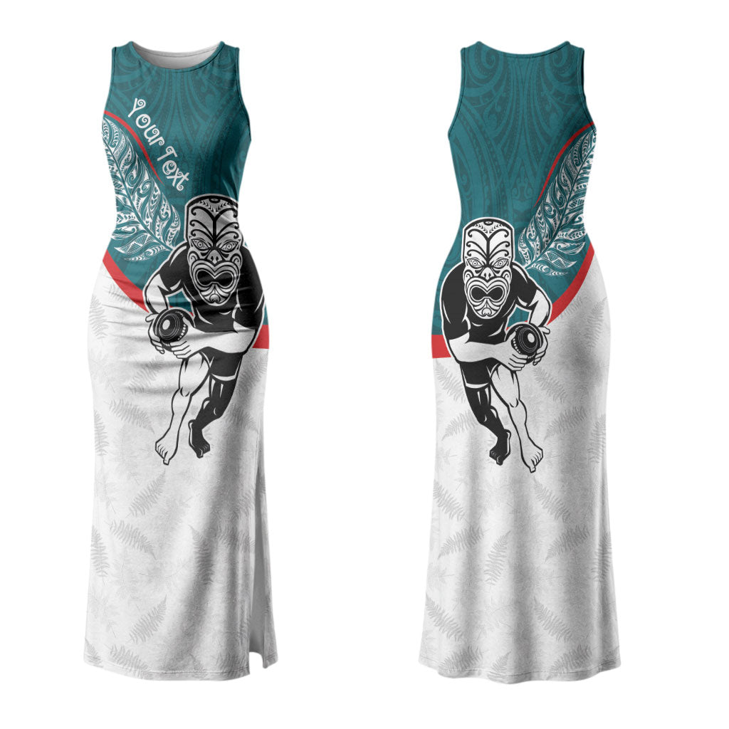Personalised Aotearoa Lawn Bowls Couples Matching Tank Maxi Dress and Hawaiian Shirt Maori Warrior and Silver Fern Sporty Style Teal