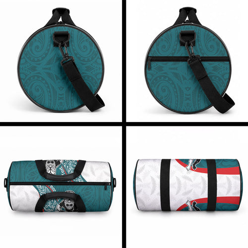 Personalised Aotearoa Lawn Bowls Duffle Bag Maori Warrior and Silver Fern Sporty Style Teal
