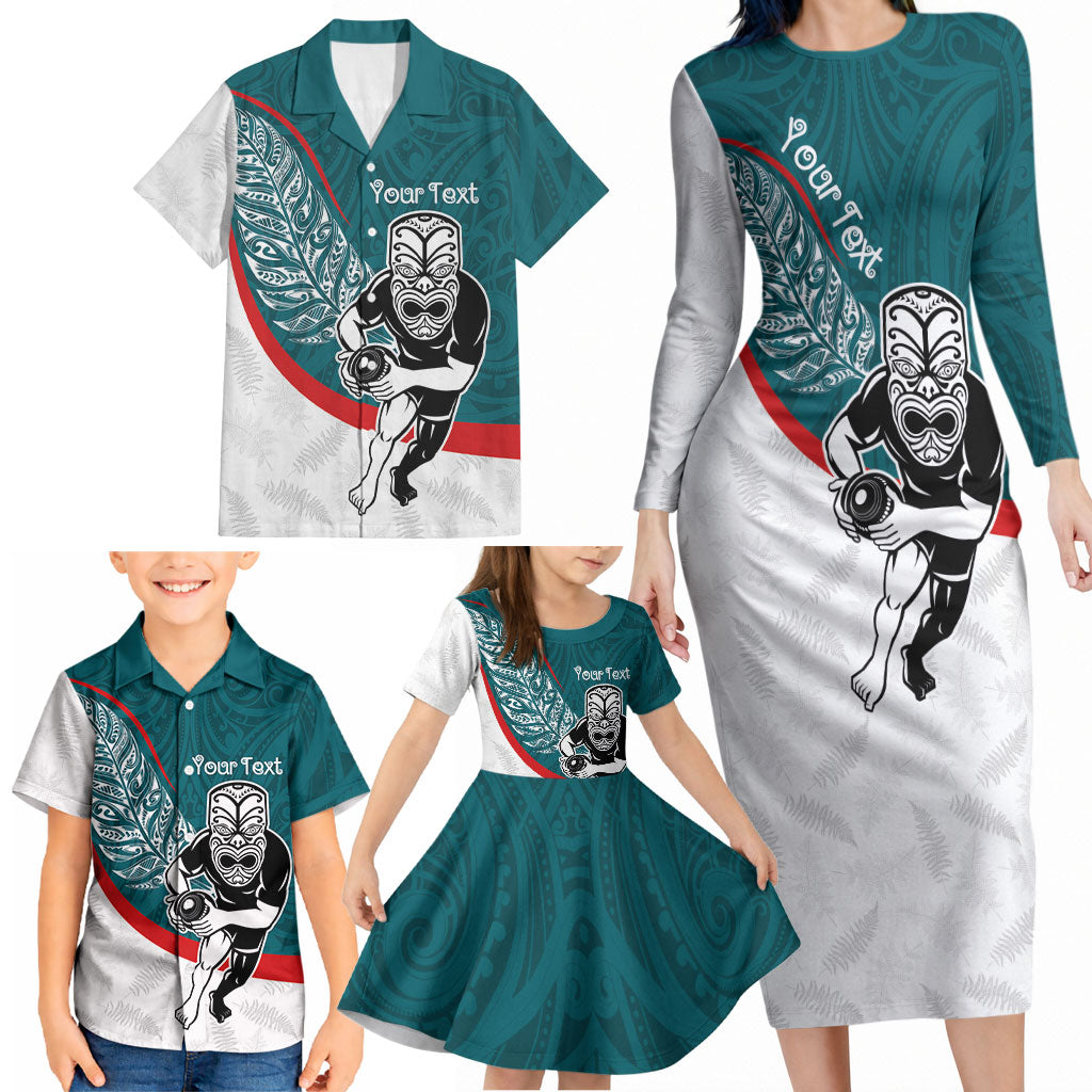 Personalised Aotearoa Lawn Bowls Family Matching Long Sleeve Bodycon Dress and Hawaiian Shirt Maori Warrior and Silver Fern Sporty Style Teal