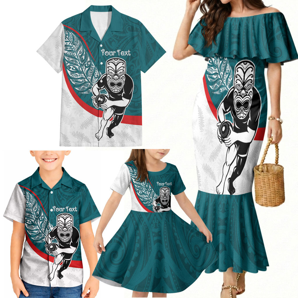 Personalised Aotearoa Lawn Bowls Family Matching Mermaid Dress and Hawaiian Shirt Maori Warrior and Silver Fern Sporty Style Teal