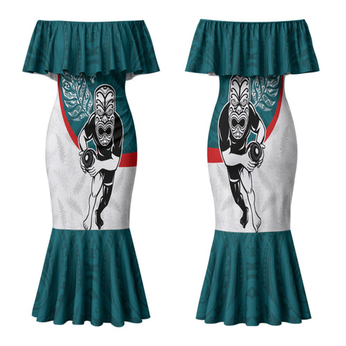 Personalised Aotearoa Lawn Bowls Family Matching Mermaid Dress and Hawaiian Shirt Maori Warrior and Silver Fern Sporty Style Teal