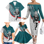 Personalised Aotearoa Lawn Bowls Family Matching Off The Shoulder Long Sleeve Dress and Hawaiian Shirt Maori Warrior and Silver Fern Sporty Style Teal