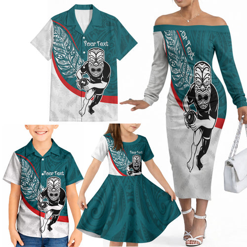 Personalised Aotearoa Lawn Bowls Family Matching Off The Shoulder Long Sleeve Dress and Hawaiian Shirt Maori Warrior and Silver Fern Sporty Style Teal