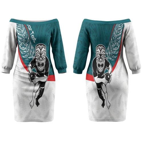 Personalised Aotearoa Lawn Bowls Family Matching Off The Shoulder Long Sleeve Dress and Hawaiian Shirt Maori Warrior and Silver Fern Sporty Style Teal