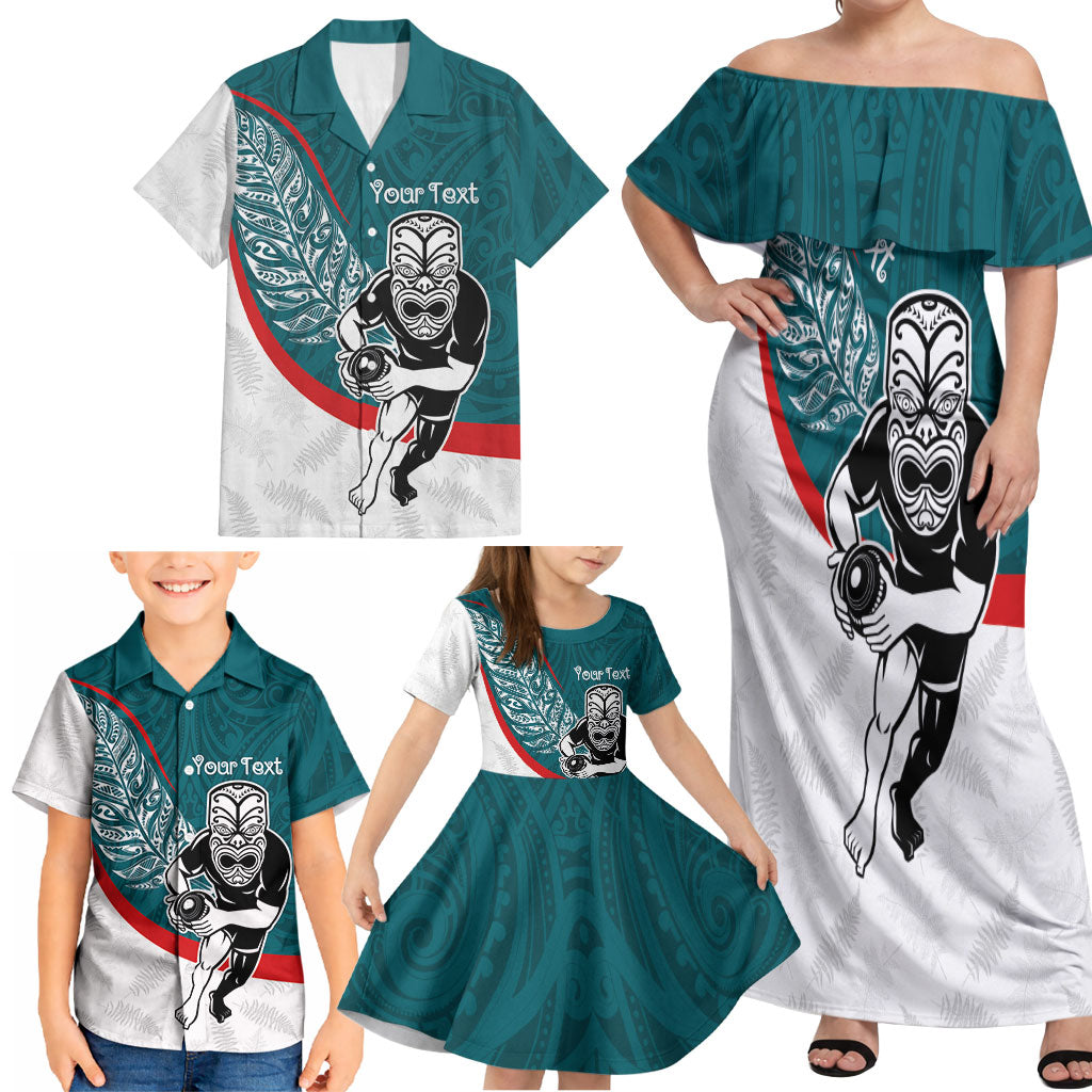 Personalised Aotearoa Lawn Bowls Family Matching Off Shoulder Maxi Dress and Hawaiian Shirt Maori Warrior and Silver Fern Sporty Style Teal