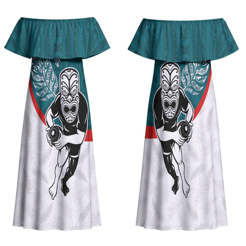 Personalised Aotearoa Lawn Bowls Family Matching Off Shoulder Maxi Dress and Hawaiian Shirt Maori Warrior and Silver Fern Sporty Style Teal