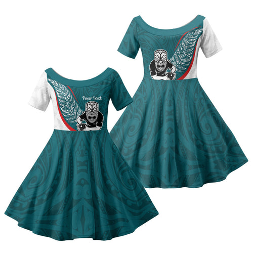 Personalised Aotearoa Lawn Bowls Family Matching Off Shoulder Maxi Dress and Hawaiian Shirt Maori Warrior and Silver Fern Sporty Style Teal