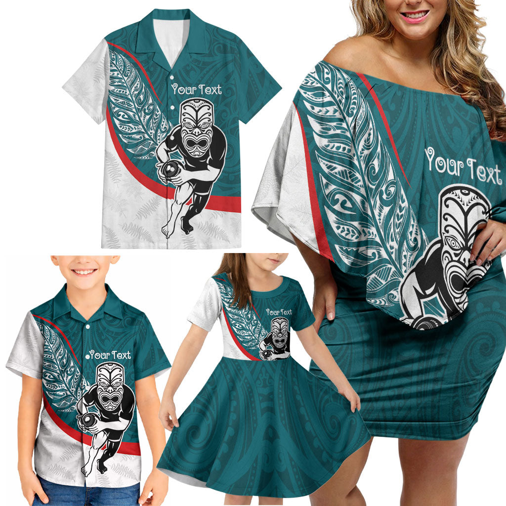 Personalised Aotearoa Lawn Bowls Family Matching Off Shoulder Short Dress and Hawaiian Shirt Maori Warrior and Silver Fern Sporty Style Teal