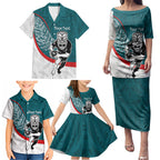 Personalised Aotearoa Lawn Bowls Family Matching Puletasi and Hawaiian Shirt Maori Warrior and Silver Fern Sporty Style Teal