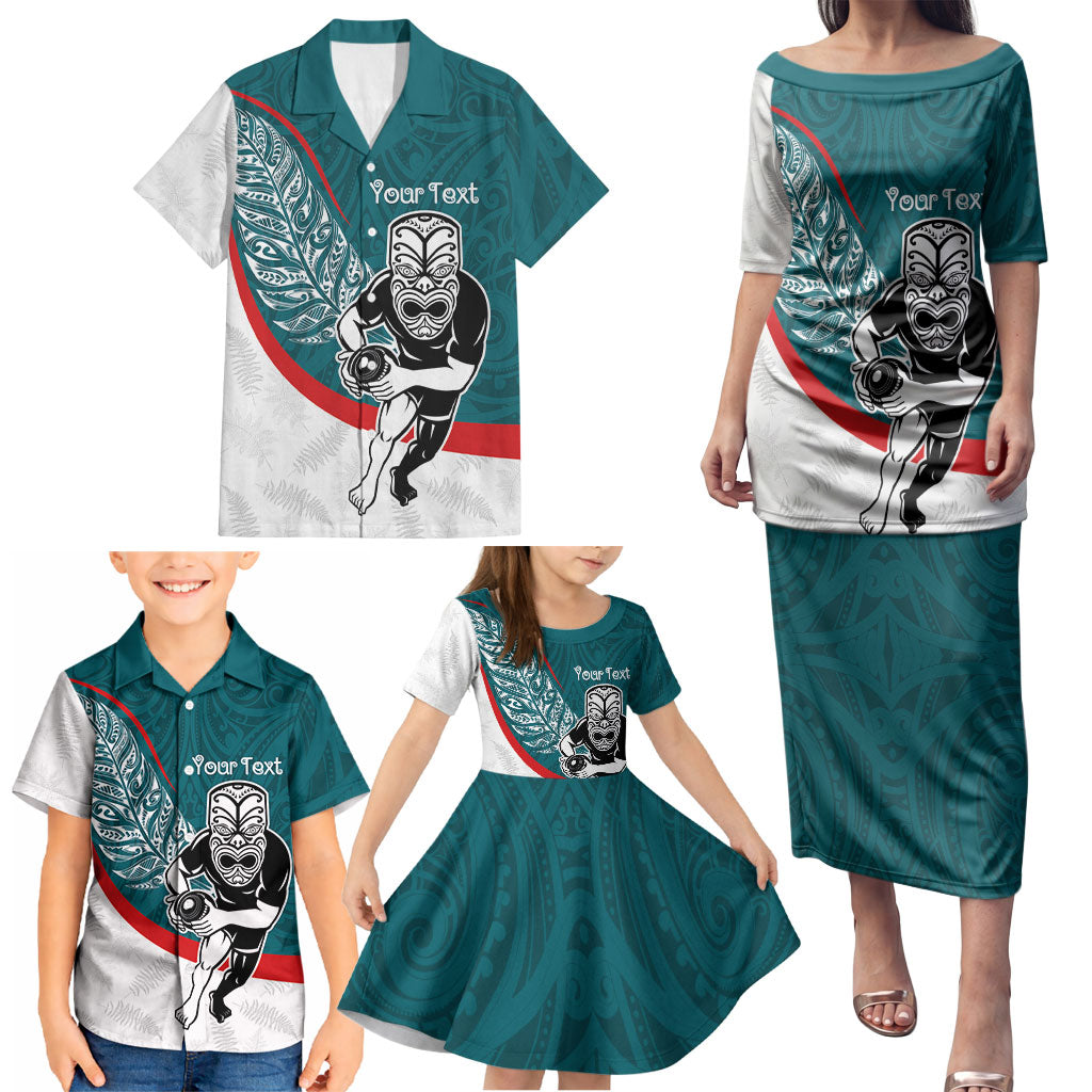Personalised Aotearoa Lawn Bowls Family Matching Puletasi and Hawaiian Shirt Maori Warrior and Silver Fern Sporty Style Teal