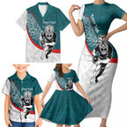 Personalised Aotearoa Lawn Bowls Family Matching Short Sleeve Bodycon Dress and Hawaiian Shirt Maori Warrior and Silver Fern Sporty Style Teal