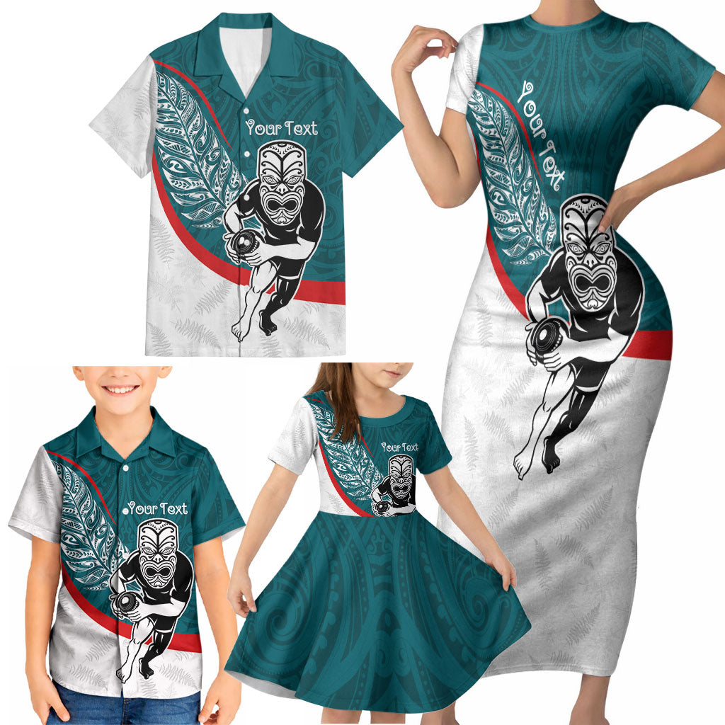Personalised Aotearoa Lawn Bowls Family Matching Short Sleeve Bodycon Dress and Hawaiian Shirt Maori Warrior and Silver Fern Sporty Style Teal