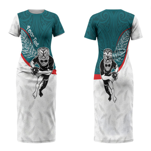 Personalised Aotearoa Lawn Bowls Family Matching Short Sleeve Bodycon Dress and Hawaiian Shirt Maori Warrior and Silver Fern Sporty Style Teal