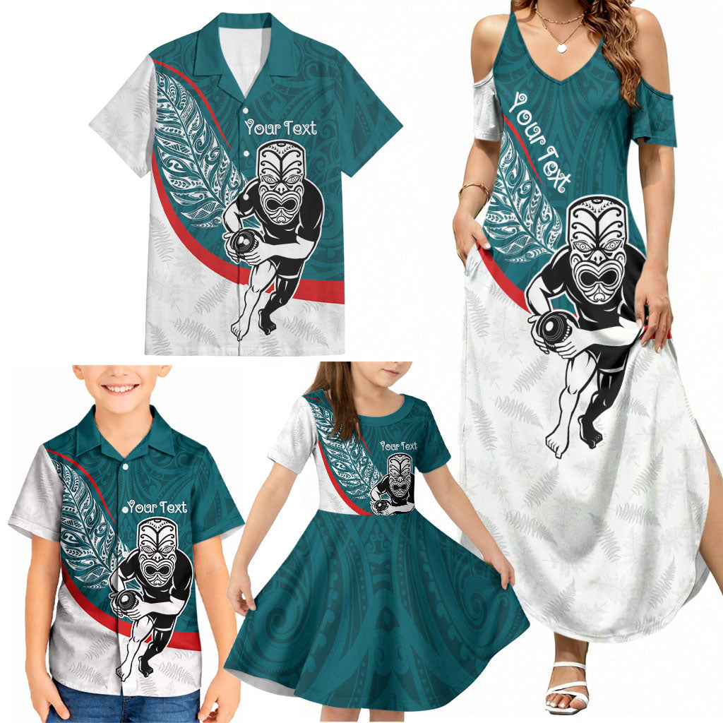 Personalised Aotearoa Lawn Bowls Family Matching Summer Maxi Dress and Hawaiian Shirt Maori Warrior and Silver Fern Sporty Style Teal