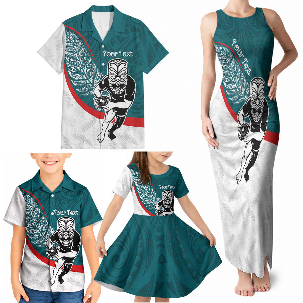 Personalised Aotearoa Lawn Bowls Family Matching Tank Maxi Dress and Hawaiian Shirt Maori Warrior and Silver Fern Sporty Style Teal