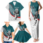Personalised Aotearoa Lawn Bowls Family Matching Tank Maxi Dress and Hawaiian Shirt Maori Warrior and Silver Fern Sporty Style Teal