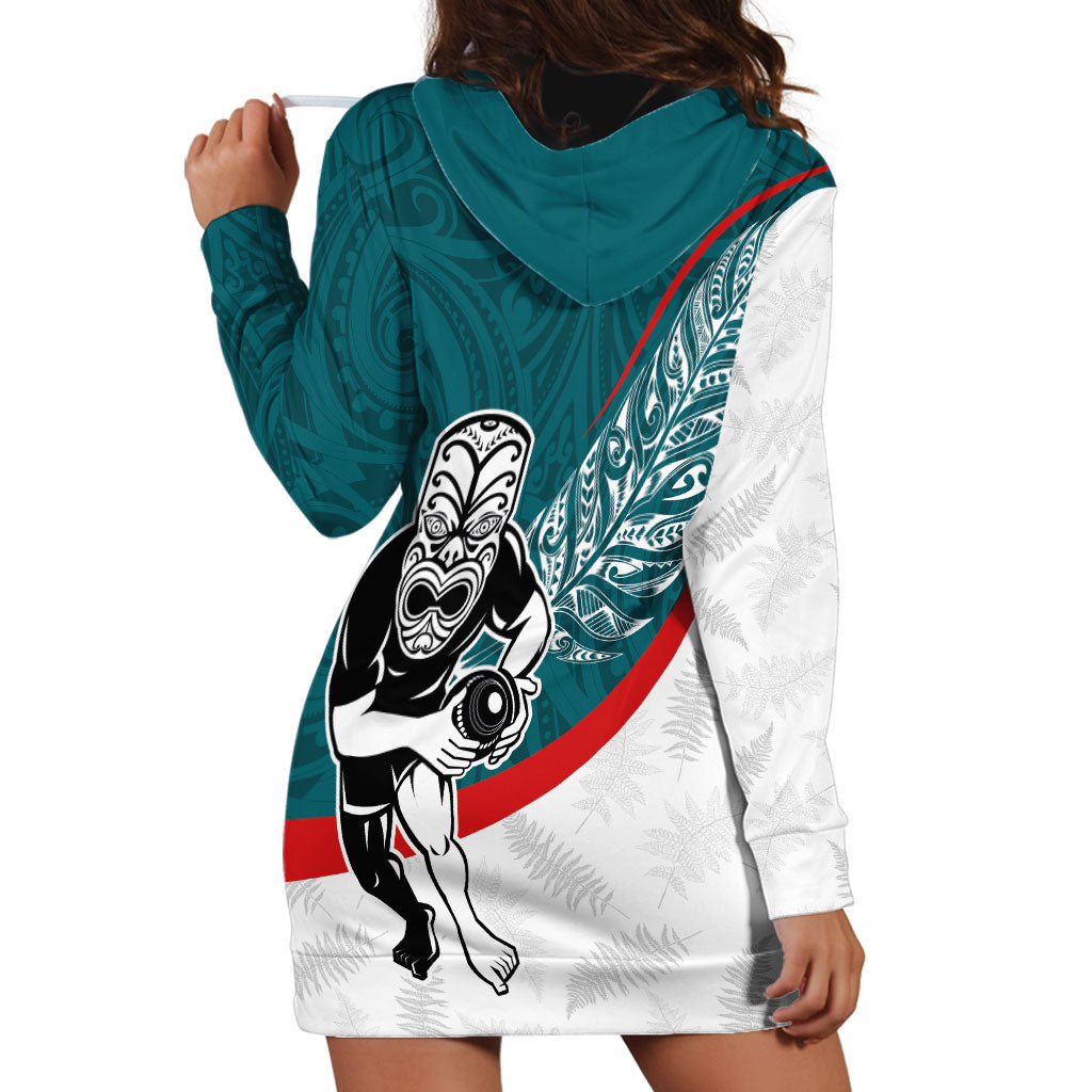 Personalised Aotearoa Lawn Bowls Hoodie Dress Maori Warrior and Silver Fern Sporty Style Teal