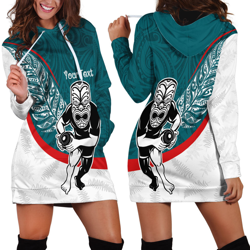 Personalised Aotearoa Lawn Bowls Hoodie Dress Maori Warrior and Silver Fern Sporty Style Teal