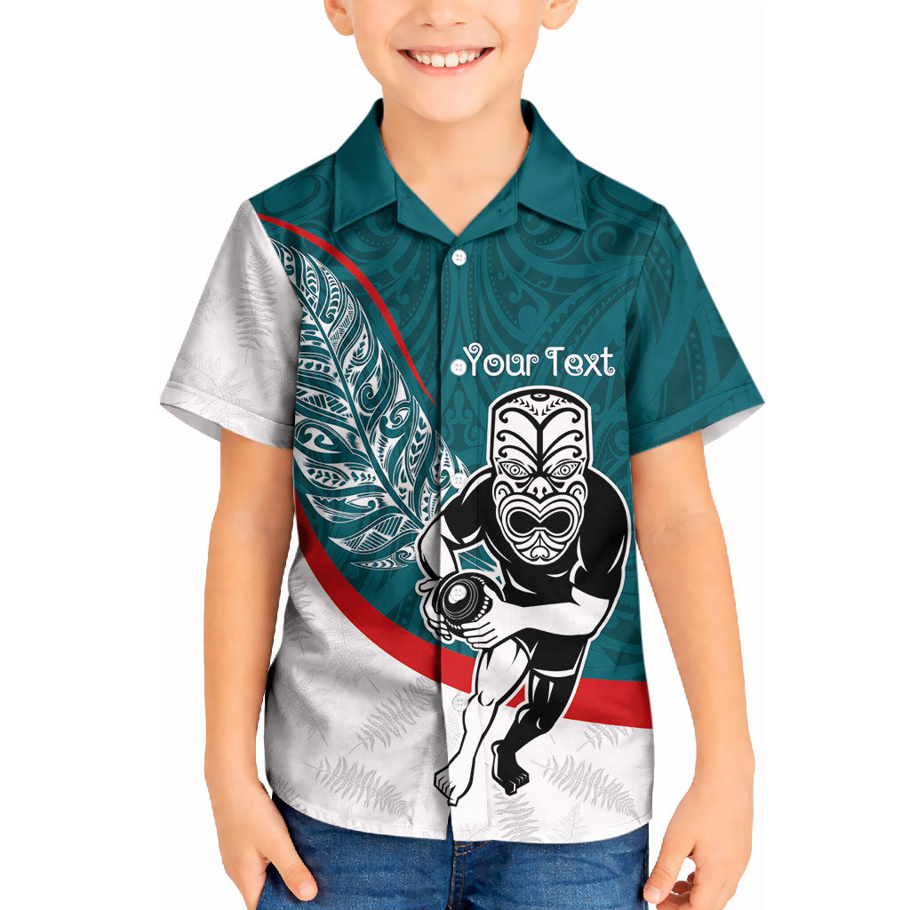 Personalised Aotearoa Lawn Bowls Kid Hawaiian Shirt Maori Warrior and Silver Fern Sporty Style Teal