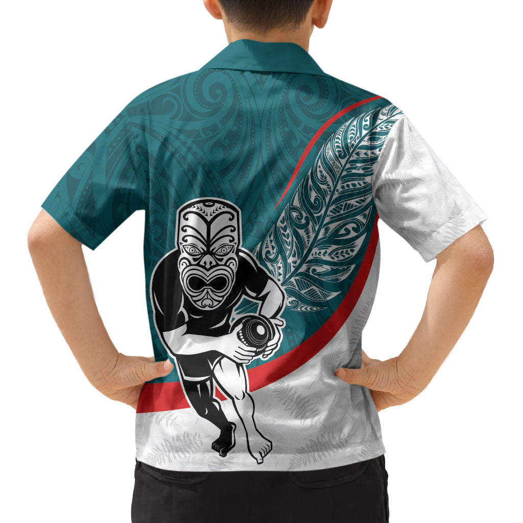 Personalised Aotearoa Lawn Bowls Kid Hawaiian Shirt Maori Warrior and Silver Fern Sporty Style Teal