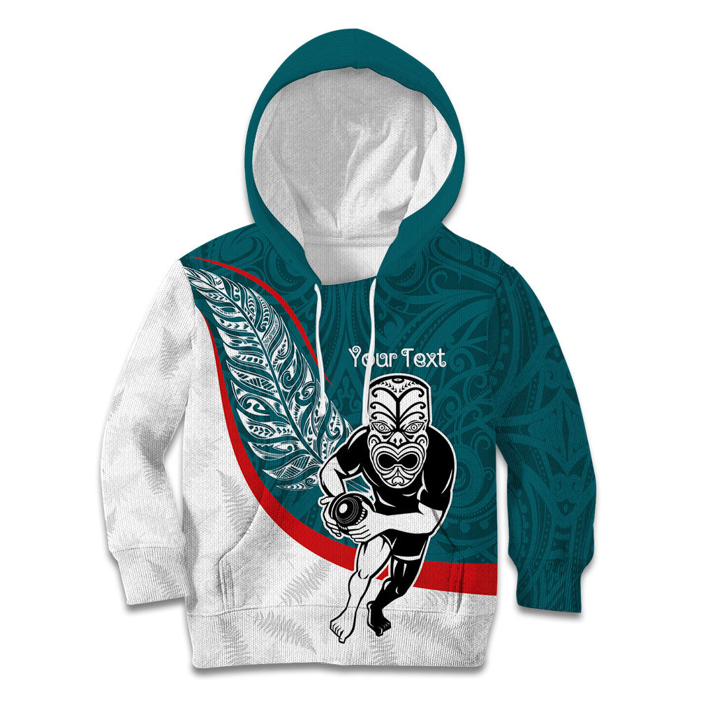 Personalised Aotearoa Lawn Bowls Kid Hoodie Maori Warrior and Silver Fern Sporty Style Teal
