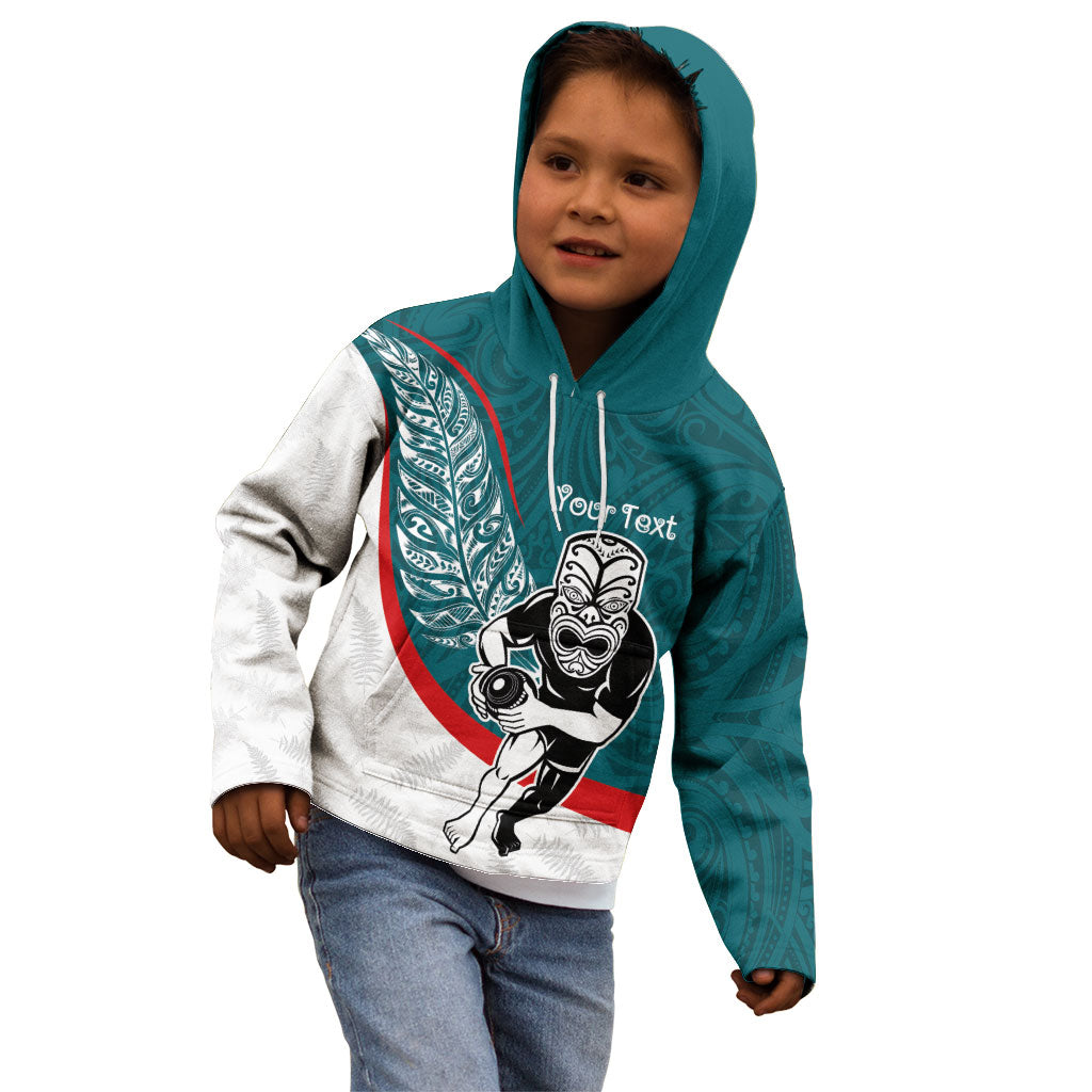 Personalised Aotearoa Lawn Bowls Kid Hoodie Maori Warrior and Silver Fern Sporty Style Teal